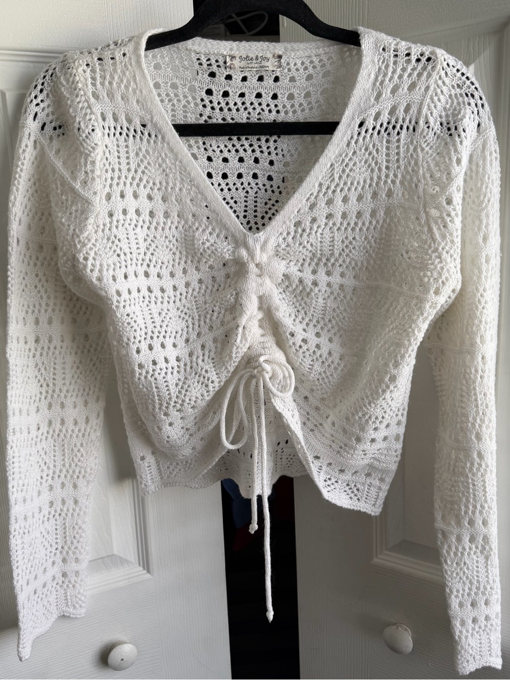 Jolie & Joy White Long-Sleeve Crochet Sweater